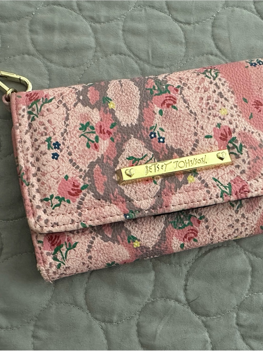 Betsey Johnson Pink Floral Foldover Wristlet Clutch